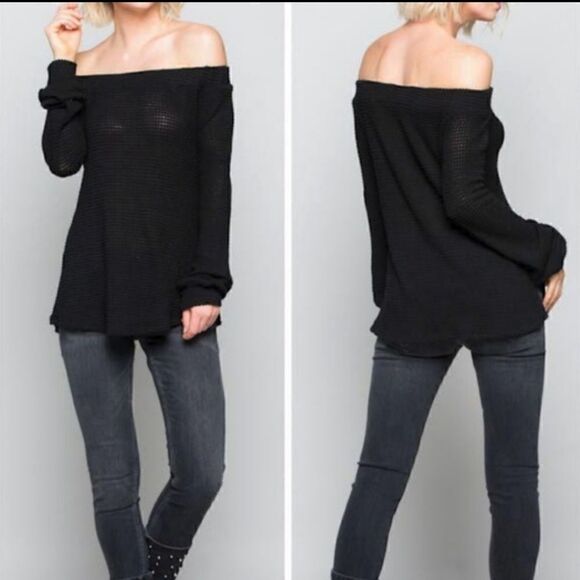 Gorgeous Waffle Knit Off-Shoulder Top Long Sleeve Cold Shoulder Blouse Wimsical - Picture 1 of 2